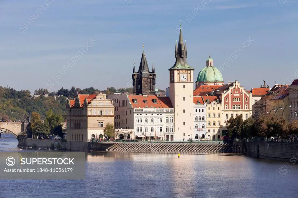 View over the Vltava River to the Bedrich Smetana Museum and the Old Town Bridge Tower, Prague, Bohemia, Czech Republic