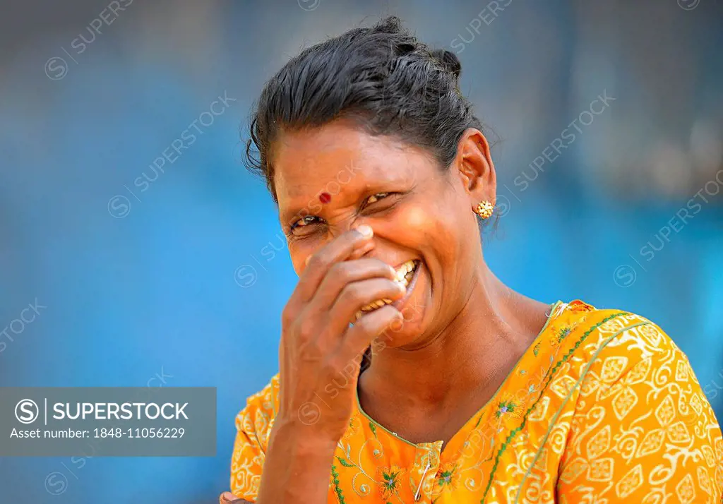 Smiling woman with a bindi, Kerala, South India, India