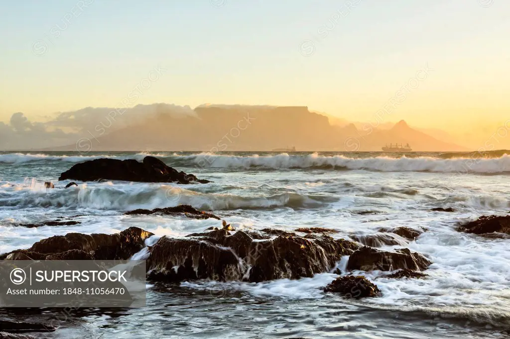 Table Mountain in the evening light, from Bloubergstrand, Cape Town, Western Cape, South Africa