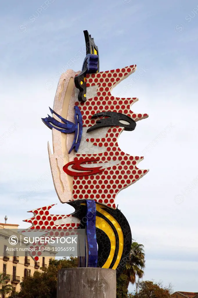 Pop art sculpture El Cap de Barcelona, Barcelona Head by artist Roy Lichtenstein, Barcelona, Catalonia, Spain