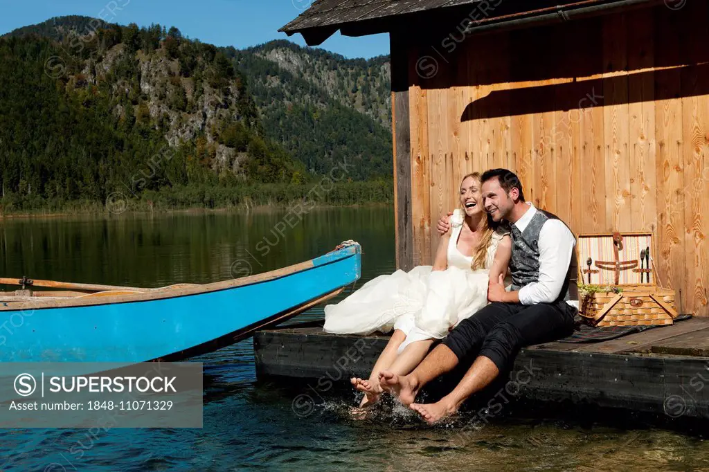 Wedding couple at Almsee Lake, Salzkammergut, Upper Austria, Austria