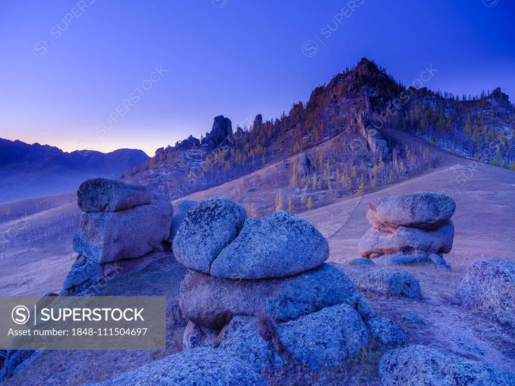 Dawn, rock formations in Gorchi Terelj National Park, Ulan Bator, Mongolia, Asia
