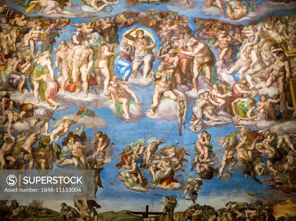 The Last Judgement, mural painting by Michelangelo in the Sistine Chapel, Vatican Museums, Vatican, Rome, Lazio, Italy