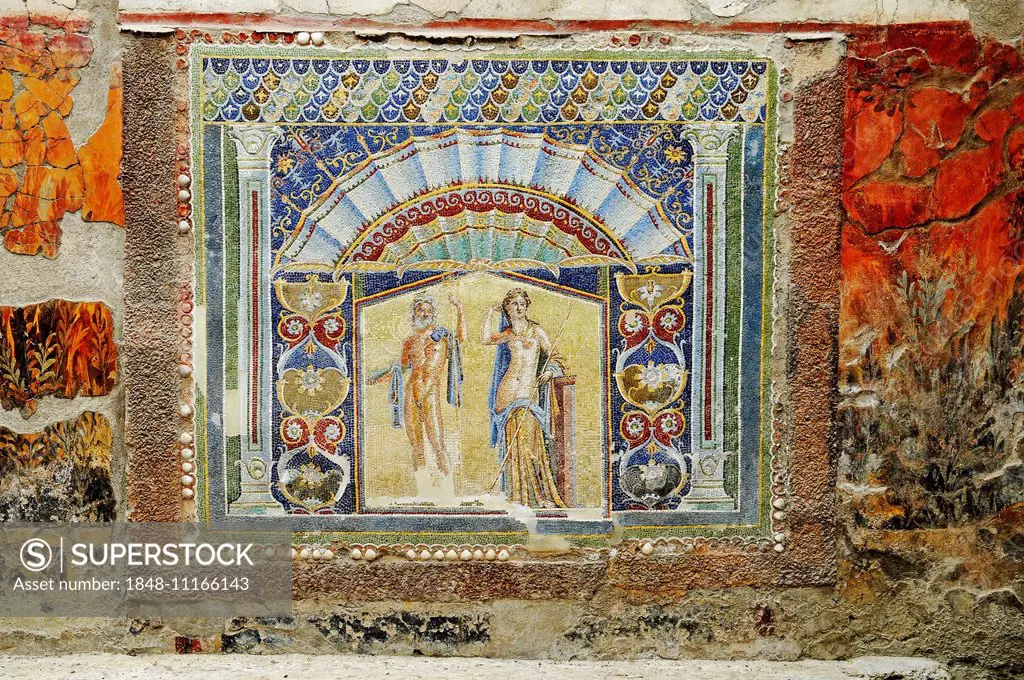 Neptune and Amphitrite, mosaic, Casa di Nettuno e Anfitrite, House of Neptune and Amphitrite, archaeological site, Herculaneum, Ercolano, Naples, Camp...