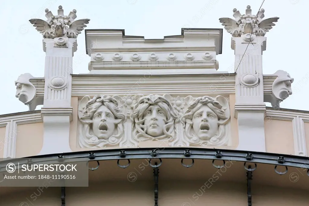 Three heads of Medusa on the facade of the house Alberta iela, Albert Street 4 Art Nouveau Lyebedinskiy apartment house, architect Mikhail Eisenstein,...