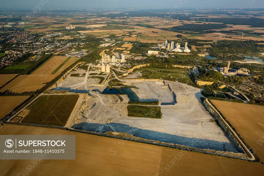 Aerial view, quarries with a health trail, Geseke, North Rhine-Westphalia, Germany