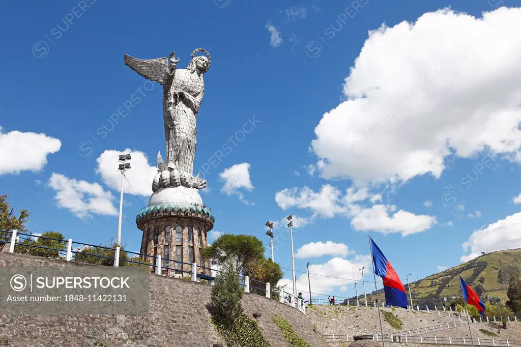 Quito flags at the statue of the Virgin of Quito, El Panecillo Hill, Quito, Pichincha Province, Ecuador