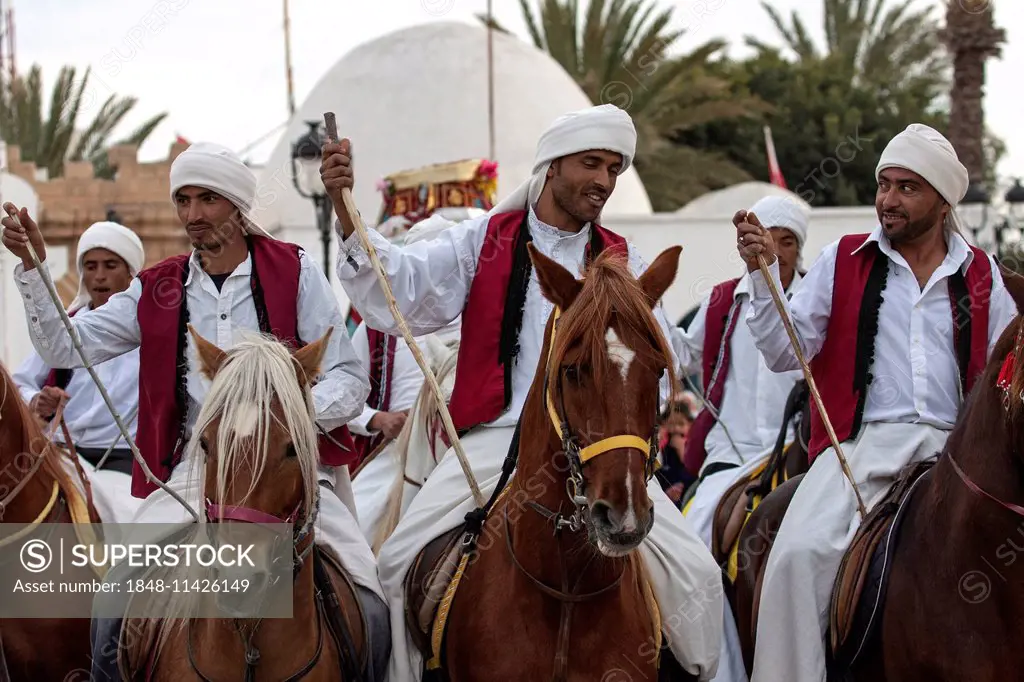 Men on horseback, horses, Fantasia, Midoun, Djerba, Tunisia