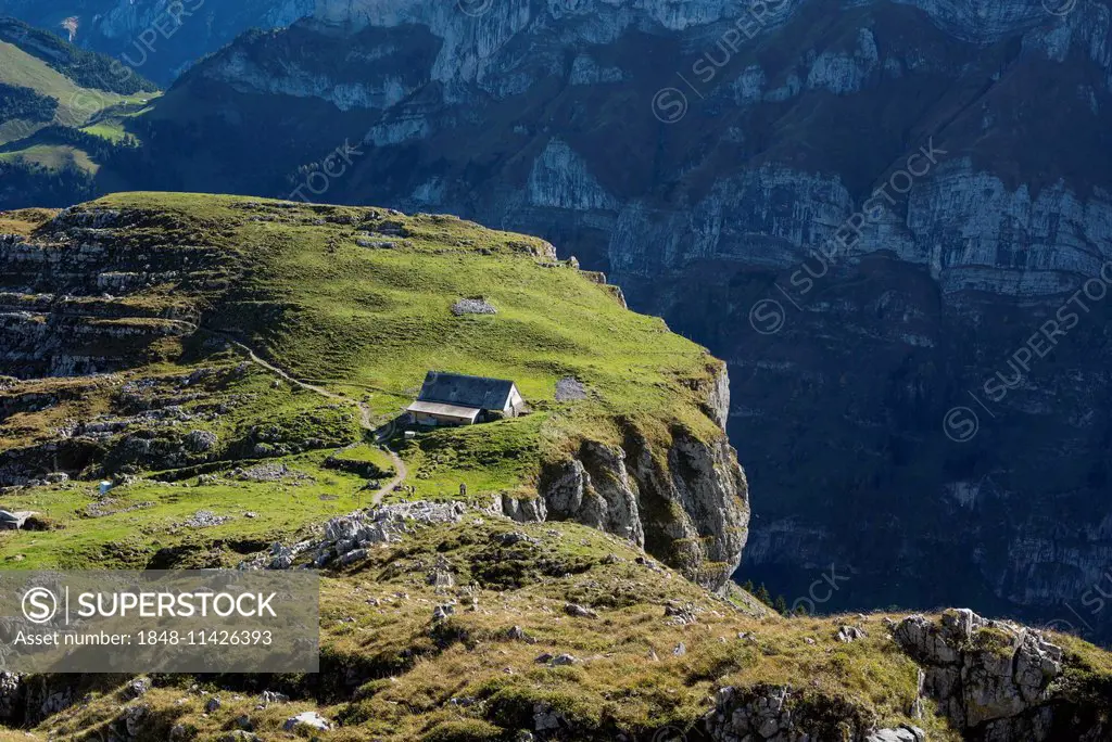 Alp Chlus on an exposed rock in the Appenzell Alps, Canton of Appenzell Innerrhoden, Switzerland