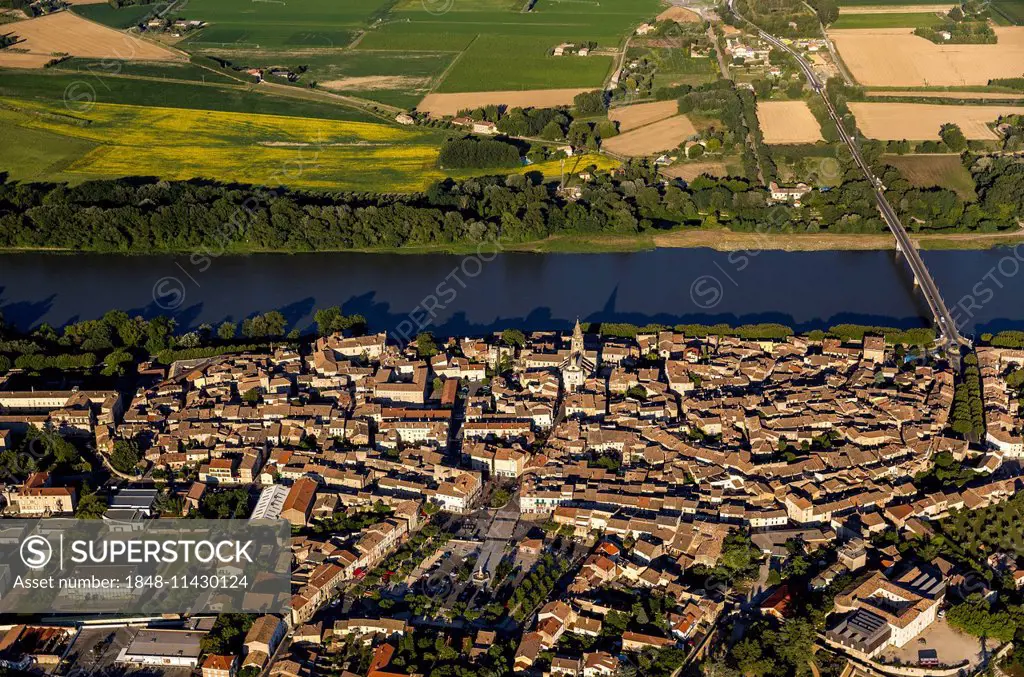 Aerial view, Rhône River, historic historic centre and Romanesque church of Saint-Andéol, Bourg-Saint-Andéol, Rhône-Alpes, France
