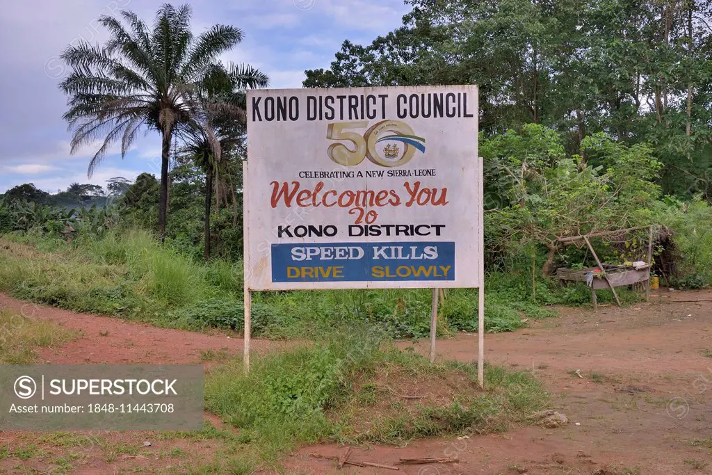 Sign at the entrance to Kono District, Eastern Province, Sierra Leone