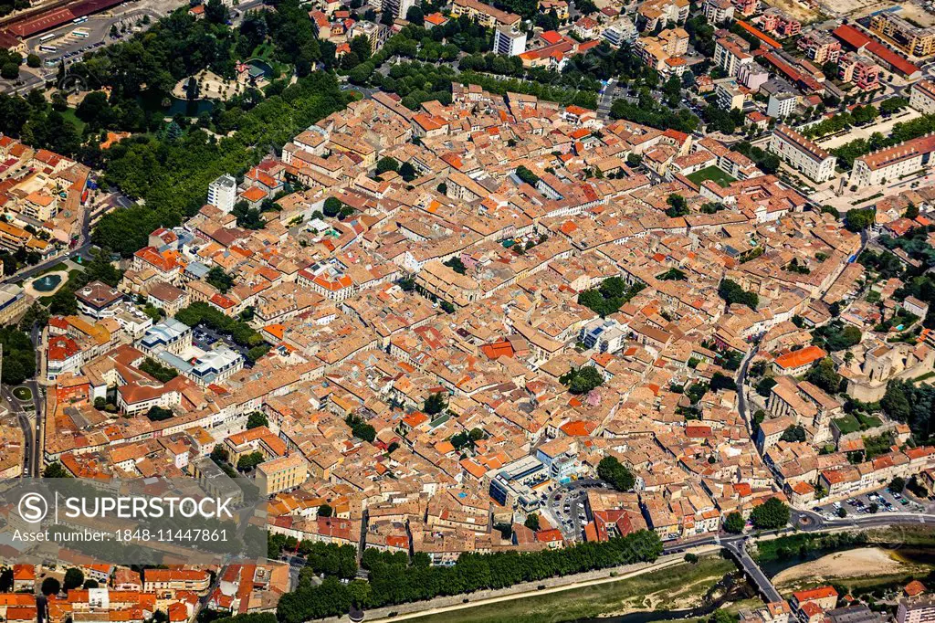 Aerial view, historic centre, Montelimar on the Rhône River, Rhône-Alpes, France