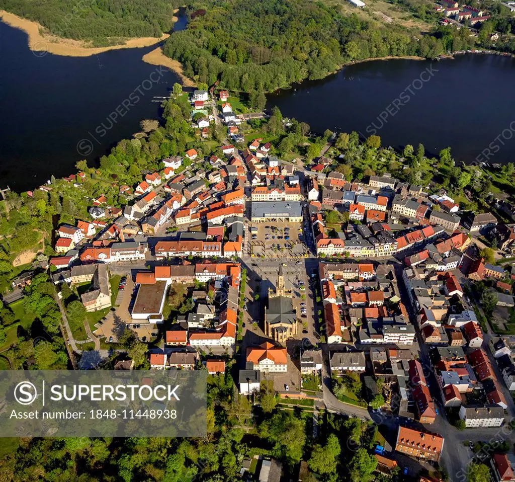 Aerial view, Town centre of Fürstenberg with market square and the town church, Fürstenberg on the Havel river, Mecklenburg Lake District, Brandenburg...