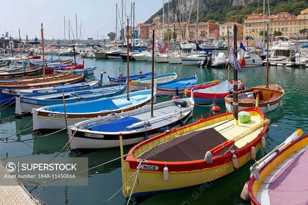 Traditional fishing boats in the harbour, Nice, Alpes-Maritimes, Provence-Alpes-Côte d'Azur, France