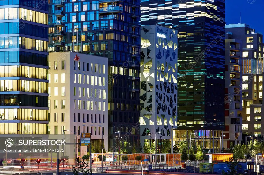 Barcode Project buildings at night, Oslo, Norway