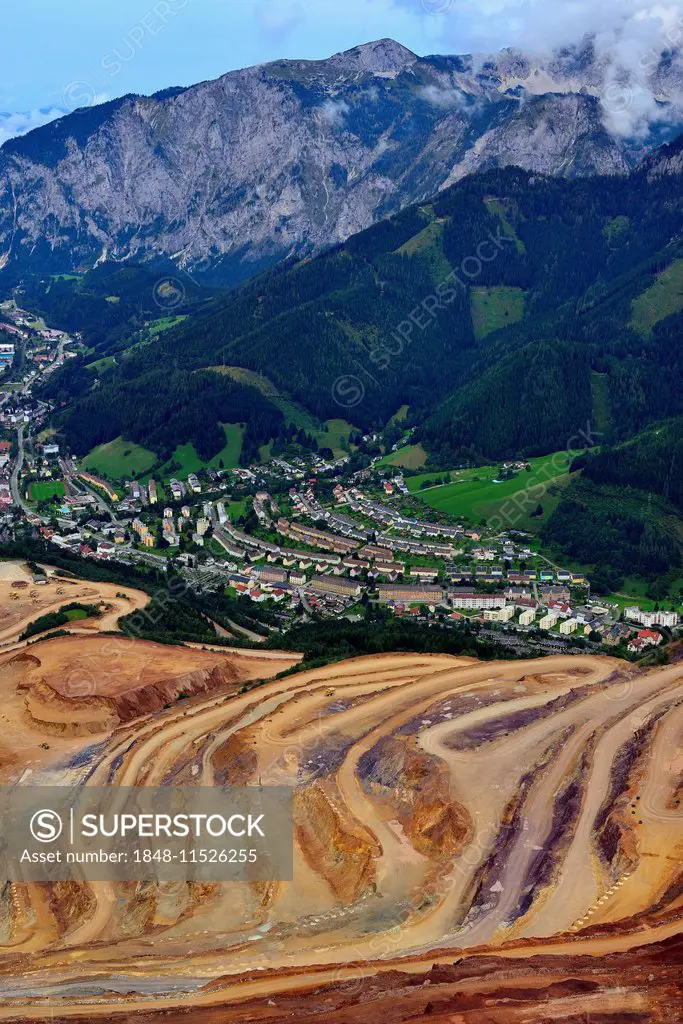 Open pit ore mining and workers' settlements, Erzberg mountain at Eisenerz, Styria, Austria