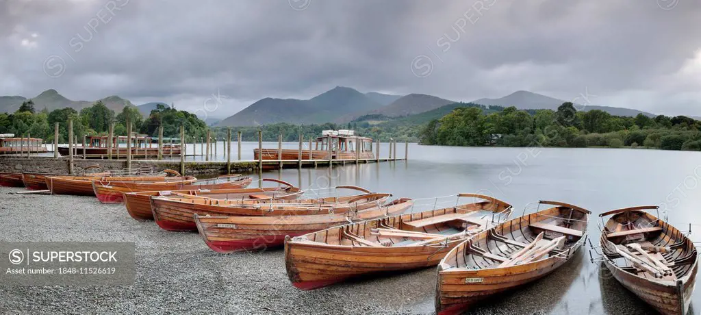Rowboats on the jetty of Keswick, Derwent Water in the Lake District National Park, Cumbria, England, United Kingdom