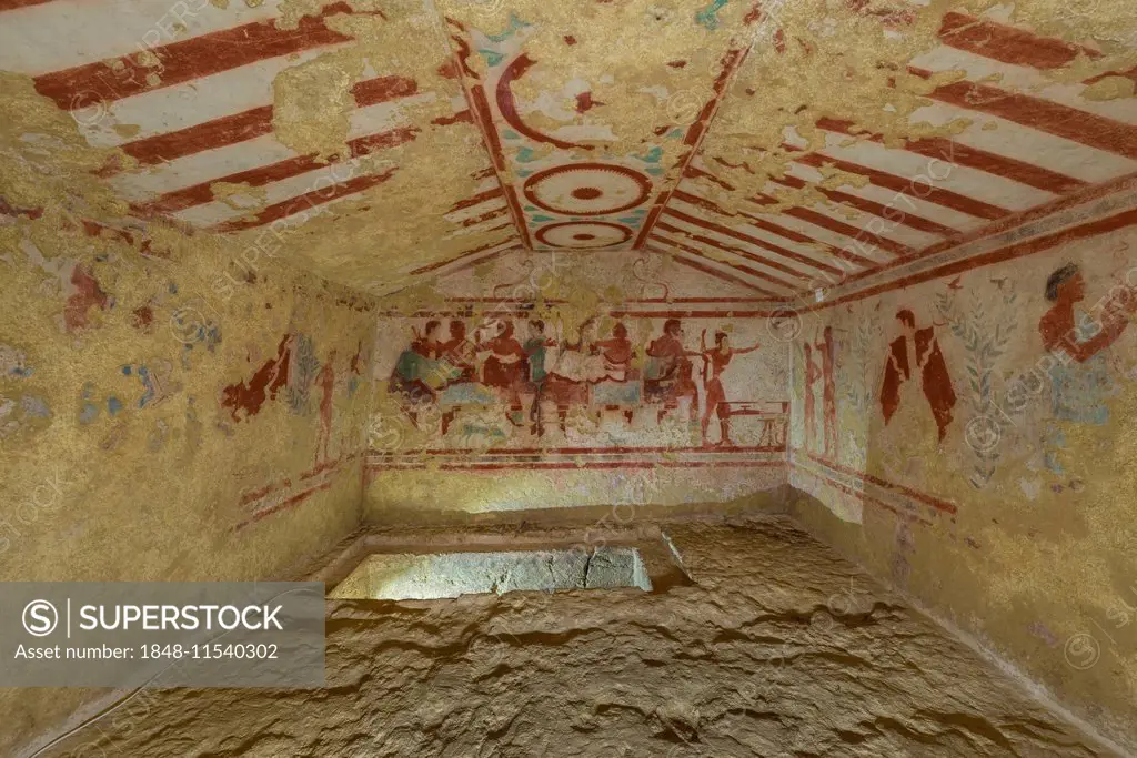Frescoes of the Tomba Claudio Bettini, Etruscan grave chamber, Prince grave, 5th BC, necropolis Monterozzi, UNESCO World Heritage Site, Tarquinia, Laz...