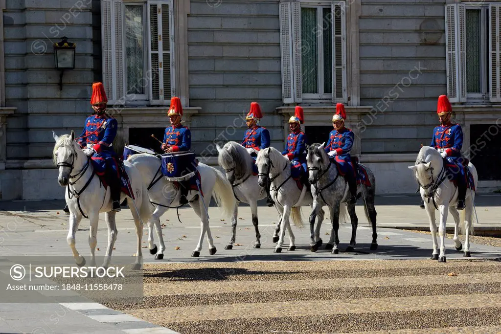 Royal Guards on horseback in front of the Royal Palace, Madrid, Spain