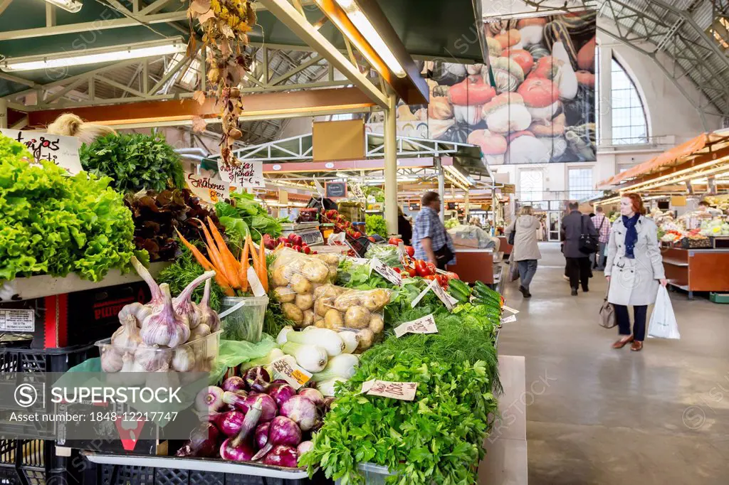 Vegetable stall in the market hall, Riga Central Market, Riga, Latvia