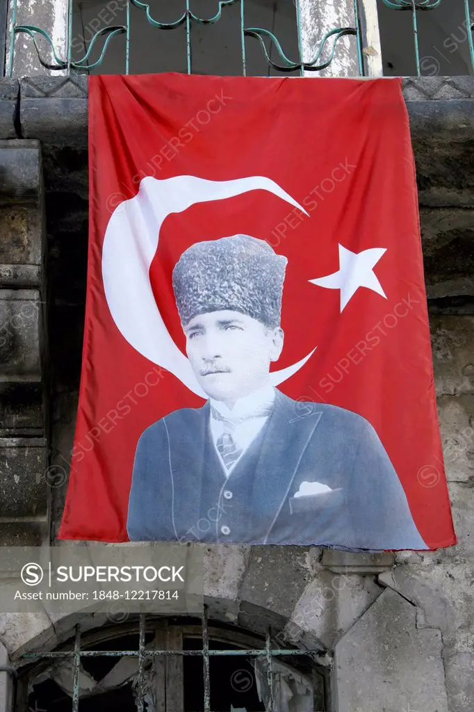 Turkish flag with the image of Mustafa Kemal Atatürk, Turkey