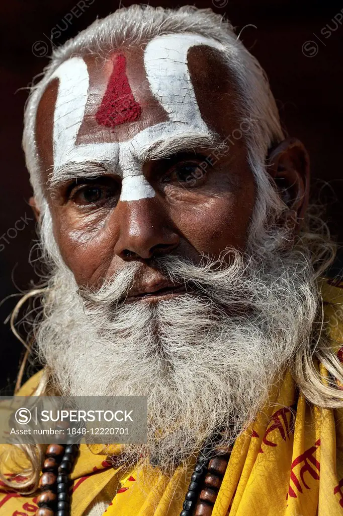 Sadhu, painted face, beard, portrait, Kathmandu, Nepal