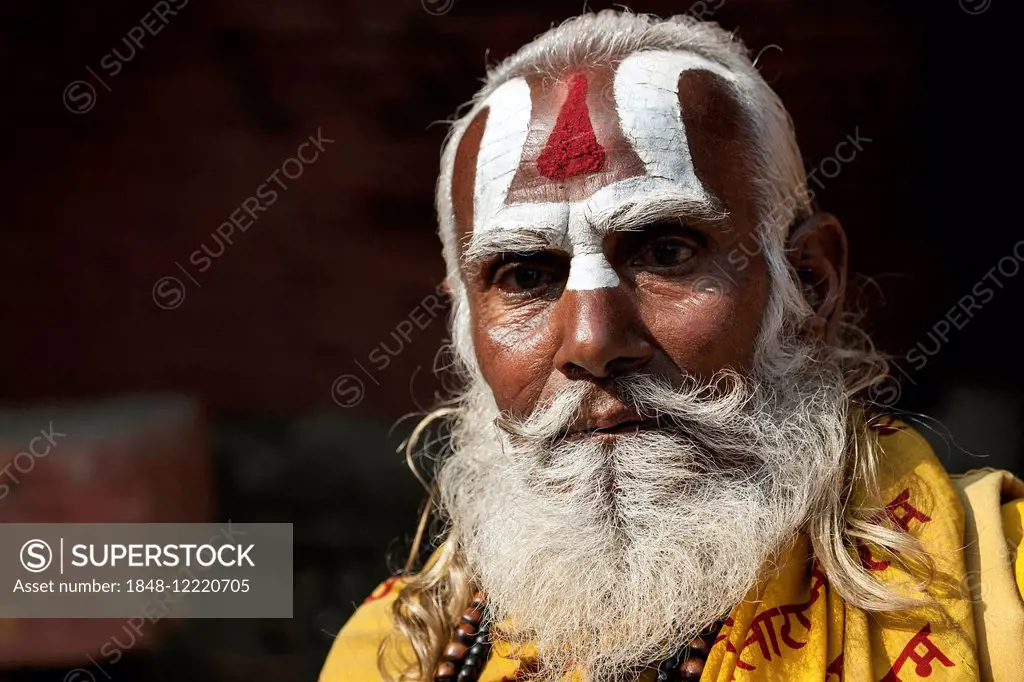 Sadhu, painted face, beard, portrait, Kathmandu, Nepal