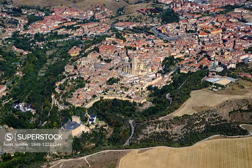 Aerial view of Segovia form the Alcazar to the aqueduct, Segovia, Castile and León, Spain