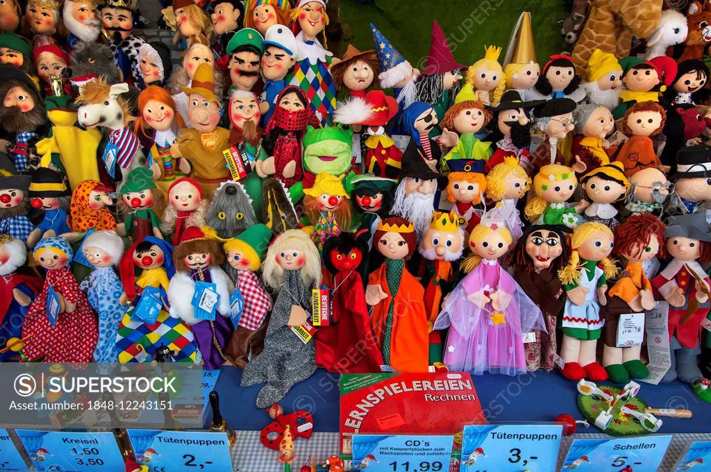 Various dolls for puppet theater, Auer Dult, Munich, Upper Bavaria, Bavaria, Germany