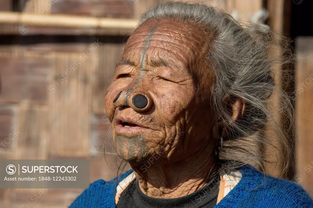 Woman of the Apatani people, with nose plugs, Hapoli, Arunachal Pradesh, India