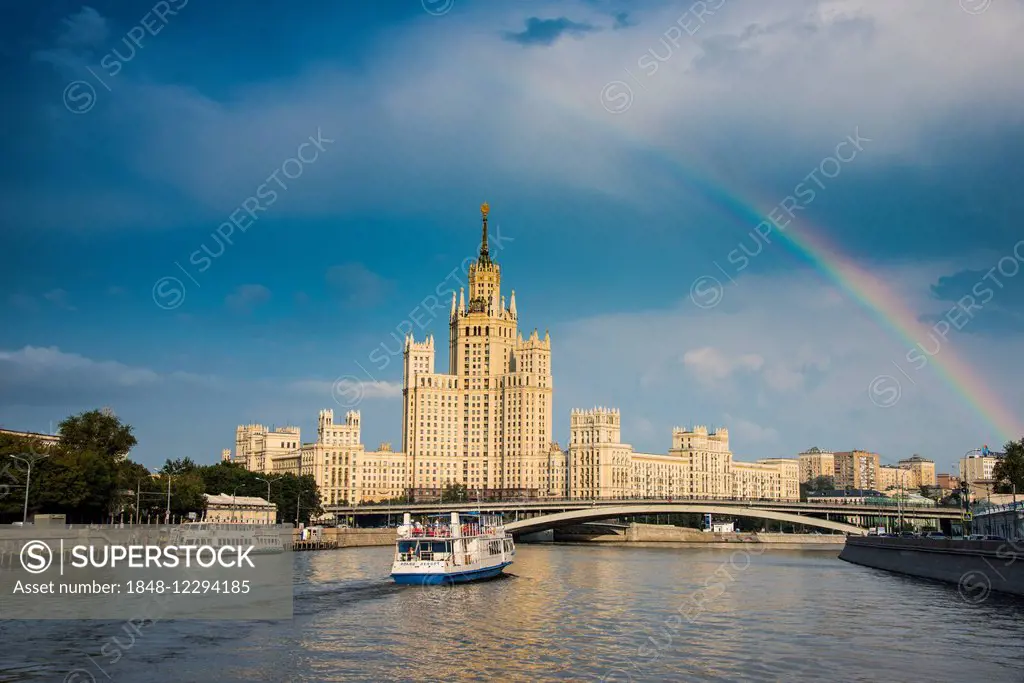 Stalin Tower with a rainbow, Moskva river, Moscow, Russia