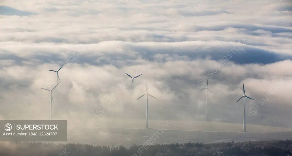 Wind power plants surrounded by clouds, Marsberg, Sauerland, North Rhine-Westphalia, Germany