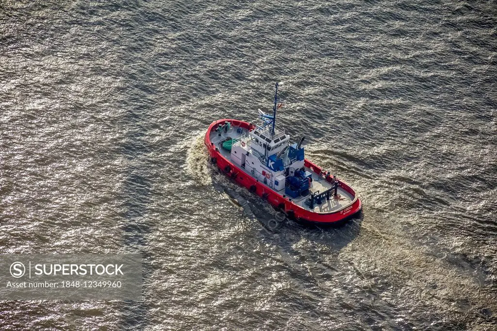 Aerial view, ZP Cocon tug boat, port of Hamburg, Hamburg, Germany