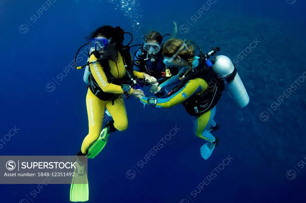 Group of scuba divers with colourful diving suits in the open water, Palawan, Philippines, Asia