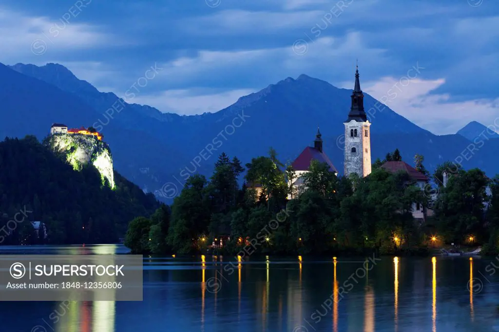 Castle and Bled island with St. Mary's Church, Lake Bled, Bled, Slovenia
