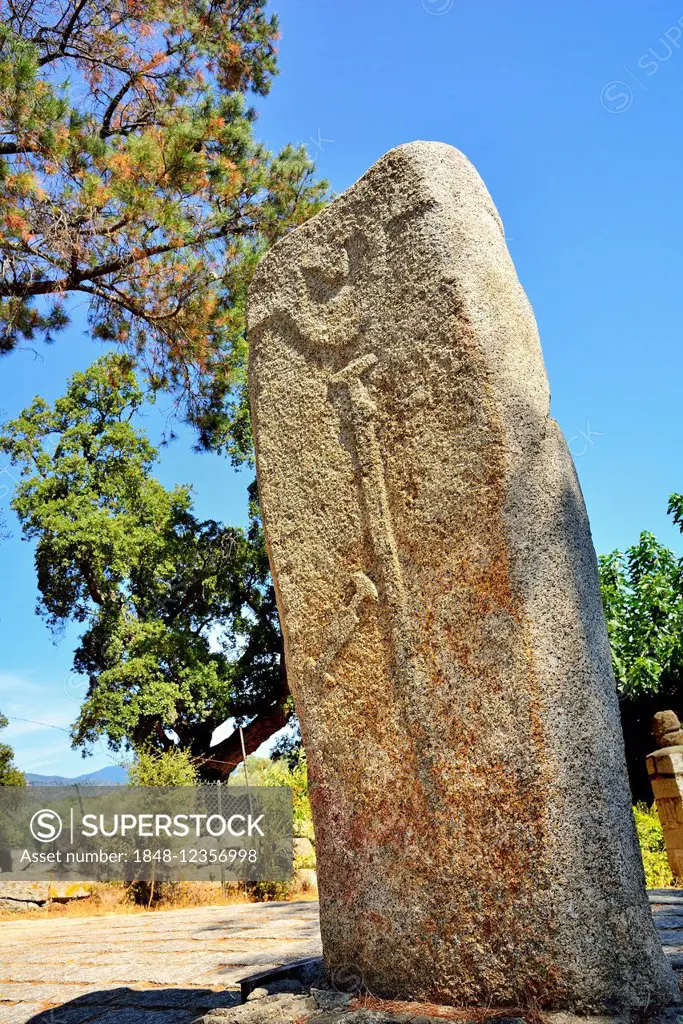 Filitosa V, standing stone or menhir, with a weapon, megalithic period, Filitosa, Corsica, France