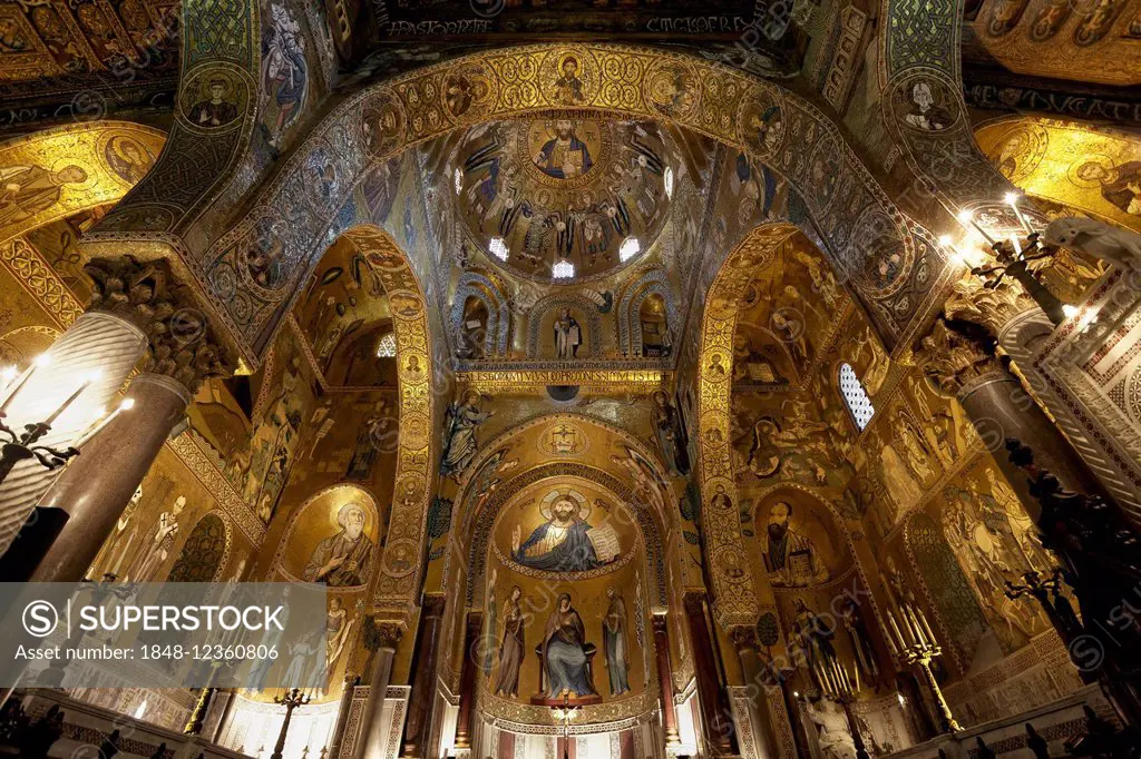 Magnificent Byzantine mosaics, Cappella Palatina, Palatine Chapel, Palazzo dei Norman or Norman Palace, Palermo, Sicily, Italy