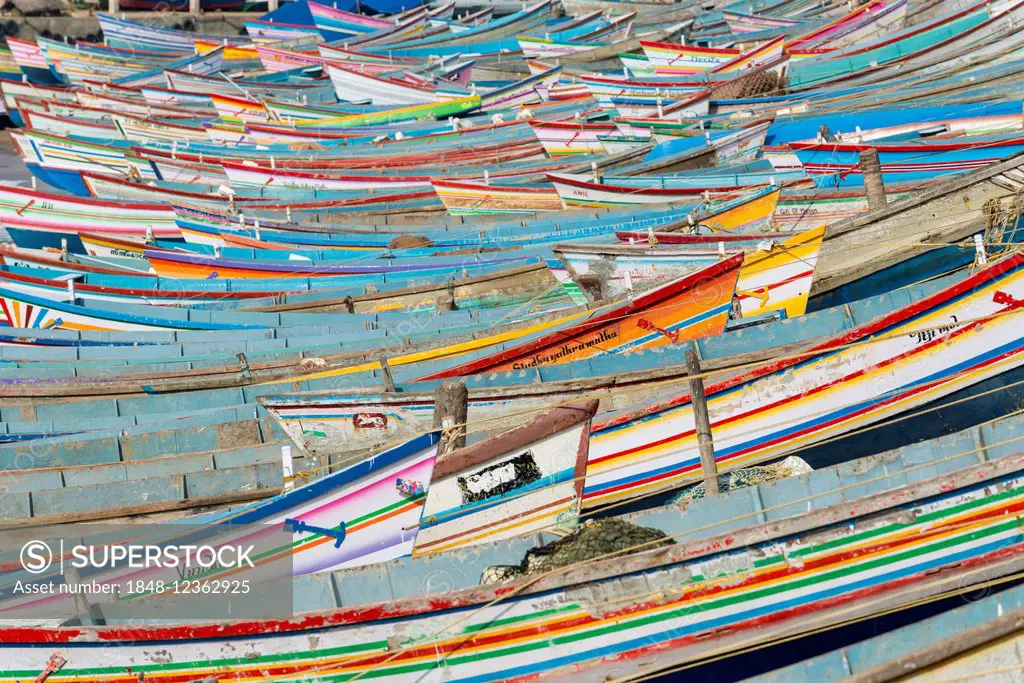 Colorful fishing boats in the harbour, Vizhinjam, Kerala, India
