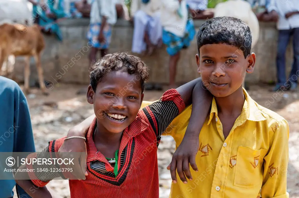 Two smiling Indian children, Begur, Karnataka, India