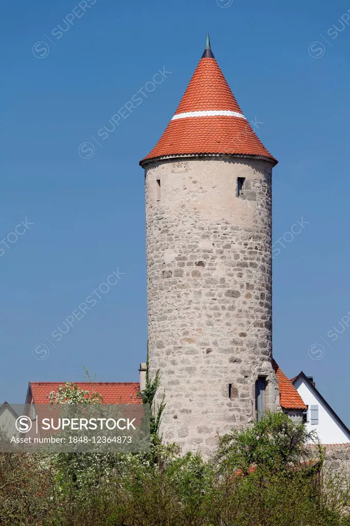 Krugsturm with city walls, Romantic Road, Dinkelsbühl, Middle Franconia, Franconia, Bavaria, Germany
