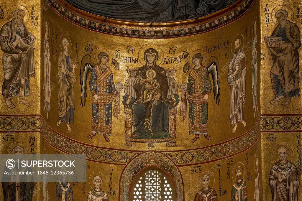 Mary with the the Baby Jesus, Byzantine gold ground mosaics, Cathedral of Santa Maria Nuova, Monreale Cathedral, Monreale, Province of Palermo, Sicily...