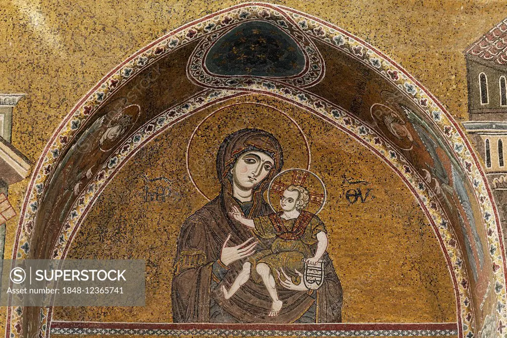 Mary with the Baby Jesus, Byzantine gold ground mosaics, Cathedral of Santa Maria Nuova, Monreale Cathedral, Monreale, Province of Palermo, Sicily, It...