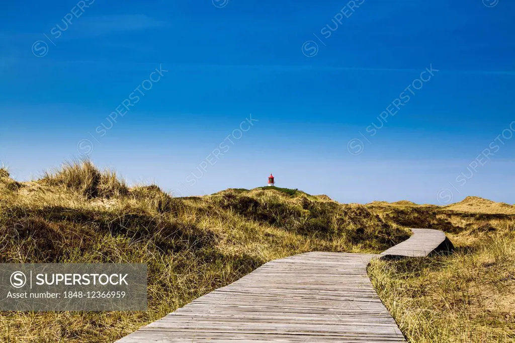 Boardwalk across the dunes to the Quermarkenfeuer light beacon, Amrum, North Frisian Islands, North Frisia, Schleswig-Holstein, Germany