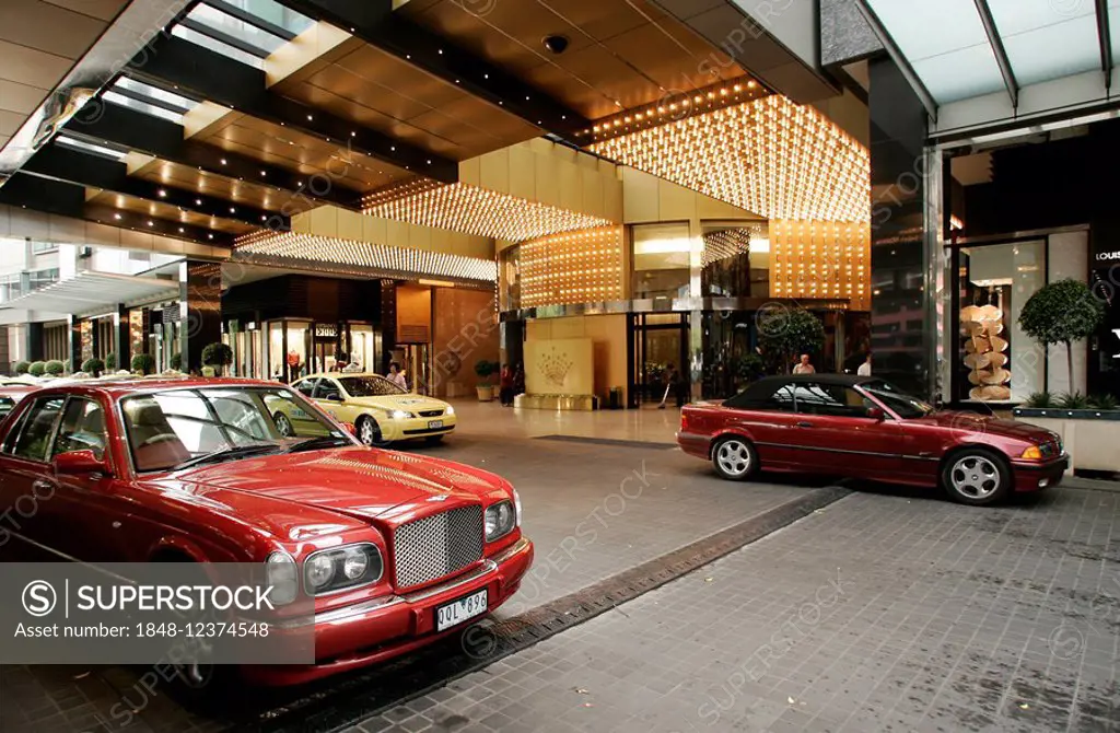 Luxury cars in front of the Crown Towers Hotel, Melbourne, Australia