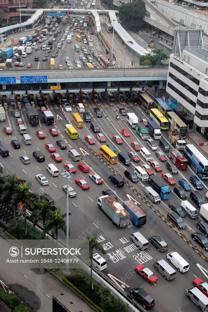 Traffic jam at the tollgate for the Cross-Harbour Tunnel, Kowloon, Hong Kong, China
