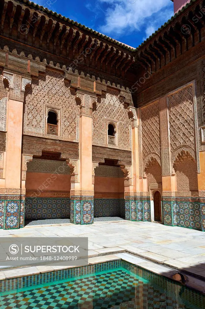 Berber arabesque, Morcabe, plasterwork of the 14th century, Médersa Ben-Youssef, koran school, Marrakech, Morroco