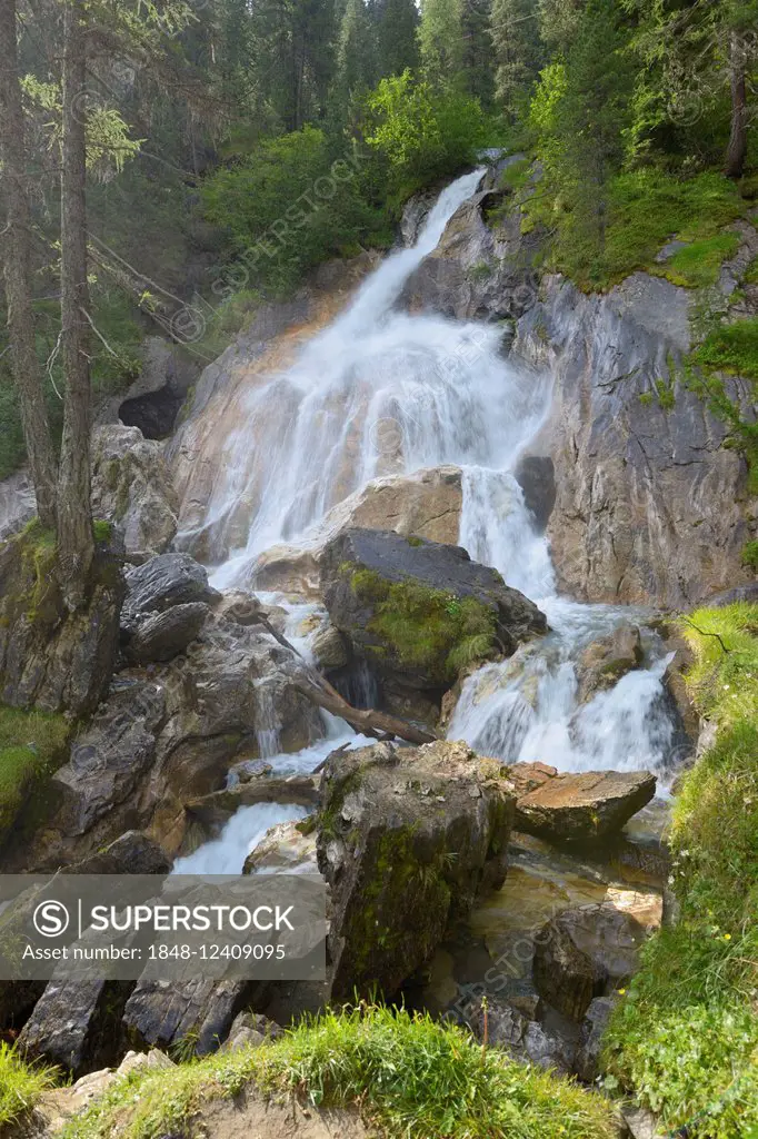 Waterfall Kesselfall near Hintertux, Tux Valley, Zillertal Alps, Tyrol, Austria