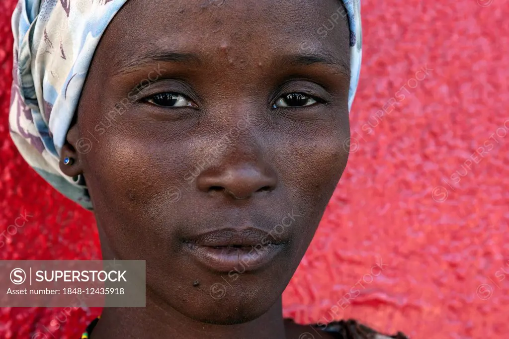 Namibian woman in front of a red wall, portrait, Outjo, Namibia