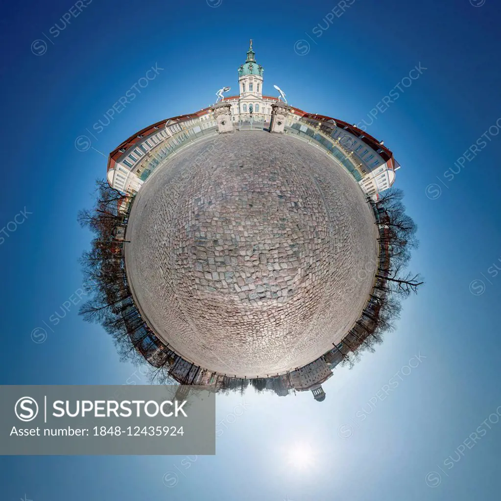 Spherical panorama, tiny world, of the Charlottenburg Palace in Berlin, Germany