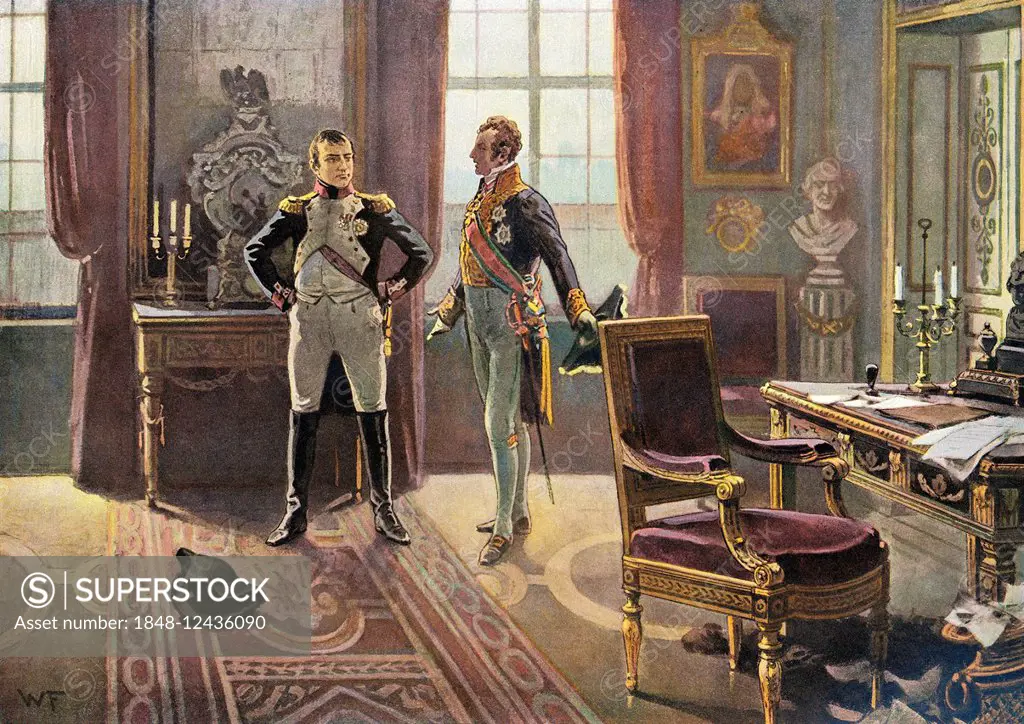 Napoleon with Prince Metternich at the meeting in Dresden on 26 June 1813, historical picture by Frederick W.